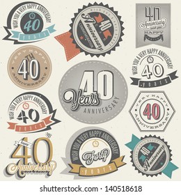 Colección de 40 años de estilo vintage. Diseño de cuarenta años en estilo retro. Etiquetas antiguas para el saludo de aniversario. Símbolos tipográficos y caligráficos a mano para 40 años.