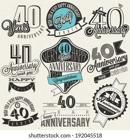 Vintage style 40 anniversary collection. Forty anniversary design in retro style. Vintage labels for anniversary greeting. Hand lettering style typographic and calligraphic symbols for 40 anniversary.