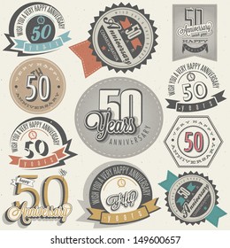 Vintage style 50 anniversary collection. Fifty anniversary design in retro style. Vintage labels for anniversary greeting. Hand lettering style typographic and calligraphic symbols for 50 anniversary.