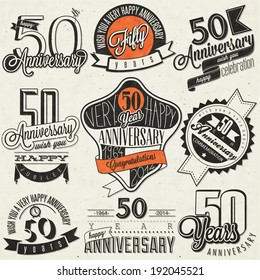 Vintage style 50 anniversary collection. Fifty anniversary design in retro style. Vintage labels for anniversary greeting. Hand lettering style typographic and calligraphic symbols for 50 anniversary.