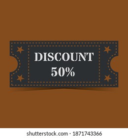 Vintage style 50 percent discount coupon with shadow. The color is black, dark gray on a brown background. Vector illustration.
