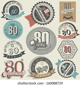 Vintage style 80th anniversary collection. Eighty anniversary design in retro style. Vintage labels for anniversary greeting. Hand lettering style typographic and calligraphic symbols for anniversary