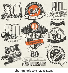 Vintage style 80th anniversary collection. Eighty anniversary design in retro style. Vintage labels for anniversary greeting. Hand lettering style typographic and calligraphic symbols for anniversary 