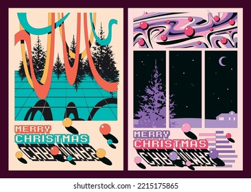 Vintage Style Abstract Creative Winter Holidays Celebration Illustrations Set