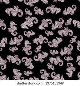 In vintage style. Abstract seamless pattern for wallpaper, clothes, boys, girls. Vector illustration. Pictures in black, brown and gray colors. Sea Horse.