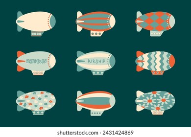 Vintage style Airships clipart collection in flat style and delicate pastel colors. Perfect vector illustration for posters, cards, stickers, print.
