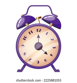 Vintage style alarm clock with metal bells and gold striker. Purple alert timer classic design icon. Violet color watch for home and school. Realistic vector illustration isolated on white background
