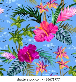 vintage style aloha shirt vector seamless tropical pattern with palm trees, flowers, sea and waves, and see gulls. beautiful illustration with allover layout.