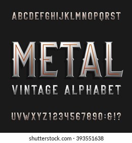 Vintage style alphabet font. Metal effect letters and numbers on a dark background. Retro vector typeface for labels, flyers, headlines, posters etc.