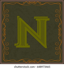 vintage style alphabet font typeface. Label and ornament named n