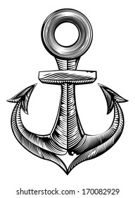 Vintage style anchor illustration in a woodblock or woodcut style 