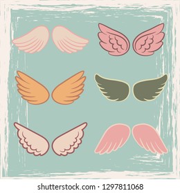 Vintage style angels wings set on blue beckground, vector illustration