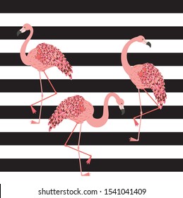 Vintage style animalistic design with pink flamingo over striped background.