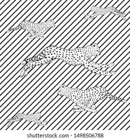 Vintage style animalistic design with running cheetah over striped background.