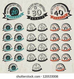 Vintage style anniversary sign collection. Anniversary cards design in retro style.