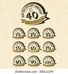 Colección de signos de aniversario de estilo vintage. Diseño de tarjetas de aniversario en estilo retro.