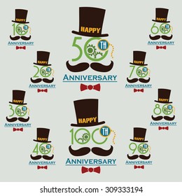 Vintage style anniversary sign collection. Anniversary cards design in steampunk style.