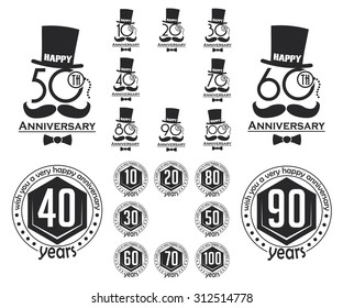 Vintage style anniversary sign collection. Anniversary cards design in steampunk style.