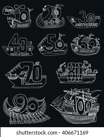 Vintage style anniversary signs and symbols. Anniversary cards design in nautical elements. Hand drawn ship collection set. Isolated vector illustration