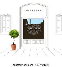 Vintage Style Background with Shop Window. Craft Beer Logo. Realistic Vector Tree