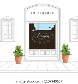 Vintage Style Background with Shop Window. London Lettering Design. Realistic Vector Plant in Clay Pot.