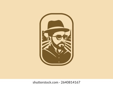 Vintage style badge featuring a man with hat, beard, and sunglasses in a sepia toned vector illustration. Ideal for retro branding, barbershop logos, or hipster-themed designs.