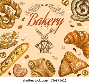 Vintage style bakery production banner with windmill. Vector illustration
