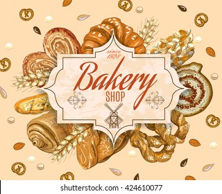 Vintage style bakery production banner with windmill. Can be used as logo design. Vector illustration.