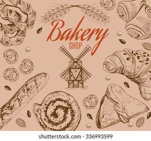 Vintage style bakery production set and mill. Vector illustration