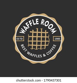 Vintage style bakery shop label, badge, emblem, logo. Vector illustration. Colorful graphic art with engraved design element of waffle. Collection of linear graphic on black background.