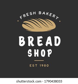 Vintage style bakery shop label, badge, emblem, logo. Monochrome vector graphic art with engraved design element of bread. Collection of linear graphic on black background.