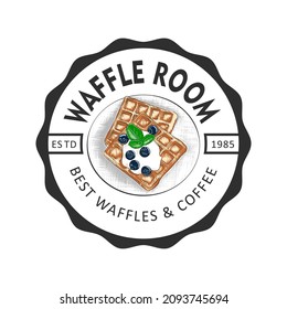 Vintage style bakery shop label, badge, emblem, logo. Vector illustration. Colorful graphic art with engraved design element of waffle. Collection of vintage graphic on white background.