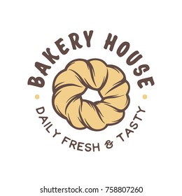 Vintage style bakery shop label, badge, emblem, logo. Vector illustration. Colorful graphic art with engraved design element. Collection of linear graphic on white background.