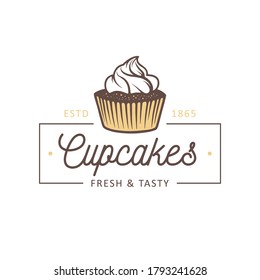 Vintage style bakery shop simple label, badge, emblem, logo template. Graphic food art with engraved cupcake design vector element with typography. Linear organic pastry on white background.