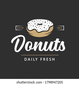 Vintage style bakery shop simple label, badge, emblem, logo template. Graphic food art with engraved doughnut design vector element with typography. Linear organic donut on black background.