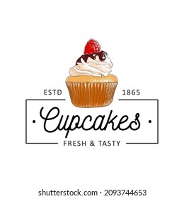 Vintage style bakery shop simple label, badge, emblem, logo template. Graphic food art with engraved cupcake design vector element with typography. Hand drawn pastry on white background.