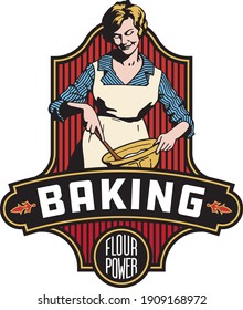 Vintage style baking badge or emblem with the phrase flour power. Features retro vector drawing of baker mixing ingredients in a bowl with a wooden spoon.