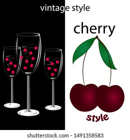 vintage style banner with cherry. vector illustration. wineglasses and cherry illustration.