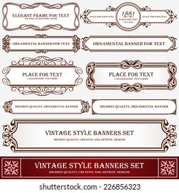 Vintage style banners and labels artistic design, page decoration, typographic elements, set of floral creative frames, decor ideas. 