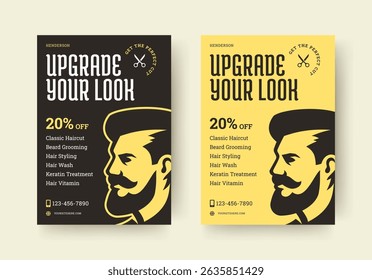 Vintage style barber flyer featuring bold typography, male portrait, service list, contact details, and discount offer in retro layout. Perfect for barbershop promotion. Vector illustration