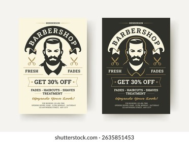 Vintage style barbershop flyer featuring a classic male portrait, scissors icons, bold discount message and clean layout for grooming service promotions. Vector illustration