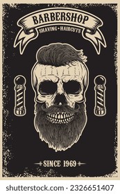 Vintage style barbershop poster with a bearded skull illustration. Perfect for adding a touch of nostalgia and charm to your space