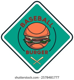 vintage style baseball burger emblem logo with illustration of ball be come burger, work of hand drawn