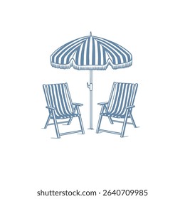 Vintage style beach chair and umbrella vector illustration. Summer retro beach set
