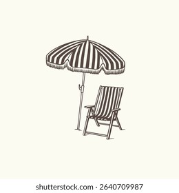 Vintage style beach chair and umbrella vector illustration. Summer retro beach set