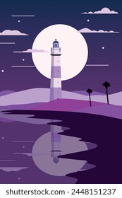 Vintage style beach, coastal landscape with lighthouse at night, vector retro poster illustration