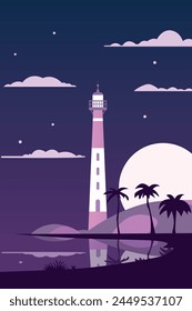 Vintage style beach, coastal landscape with lighthouse at night, vector retro poster illustration	