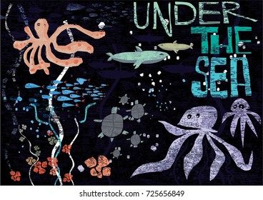 Vintage style beautiful doodle painting of underwater life with cute fish, Sea creature, The algae, jellyfish and octopus for textile, poster, card or other print  