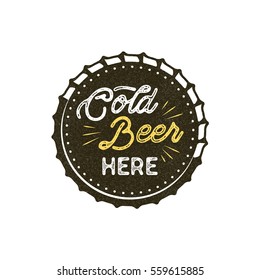 Vintage style beer badge. Ink stamp monochrome design. Cold beer here sign. Letterpress effect for t shirt printing, logotype, signage. Vector isolated on white background.