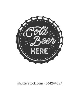 Vintage style beer badge. Ink stamp monochrome design. "Cold Beer Here" sign. Letterpress effect for t shirt printing, logotype, signage. Vector isolated on white background. Monochrome.